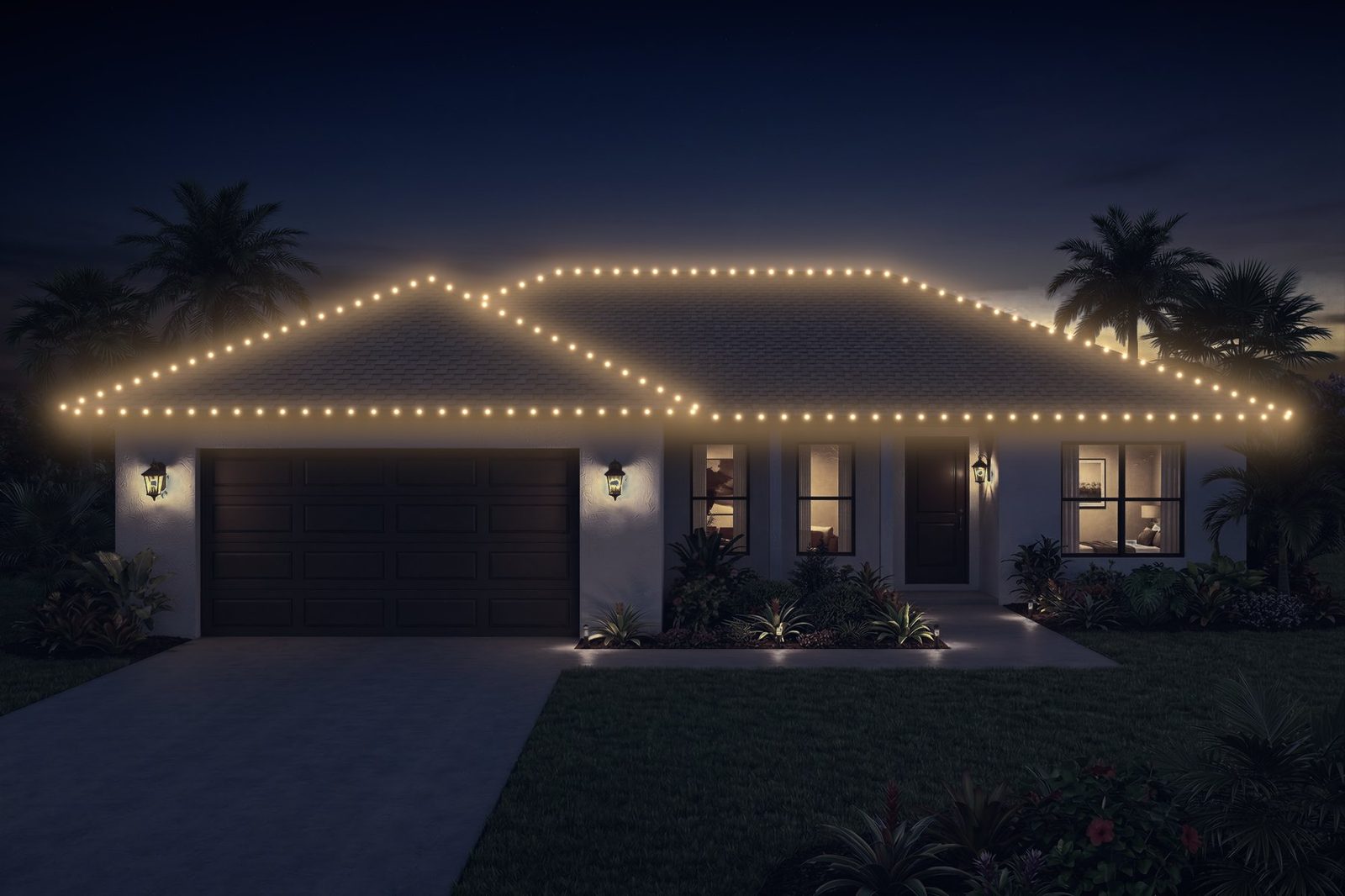 single-story suburban home after lighting