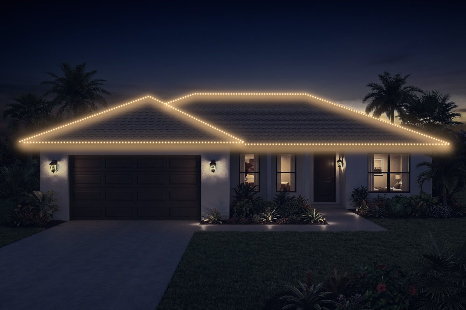 single-story suburban home after lighting
