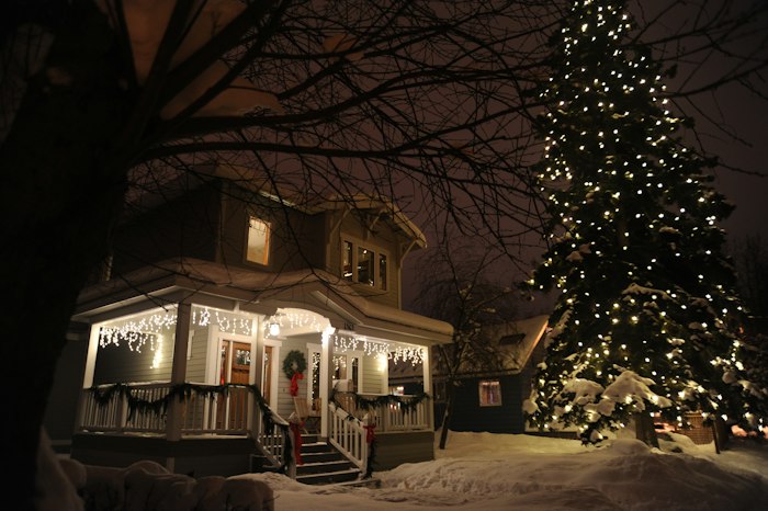 Tree wrapped in string lights beside a house